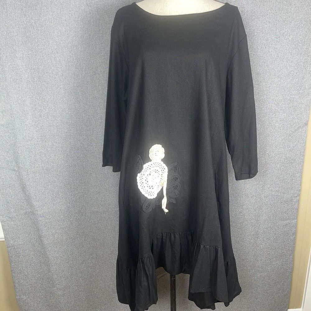 L&B Lucky & Blessed Large Black Dress W/Pockets Lace Crochet Western Boho J12